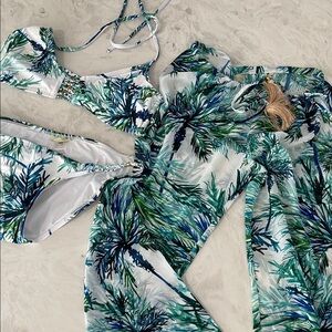 PilyQ 3 piece bikini set top bottom sheer cover up tropical leaf swimwear sz S